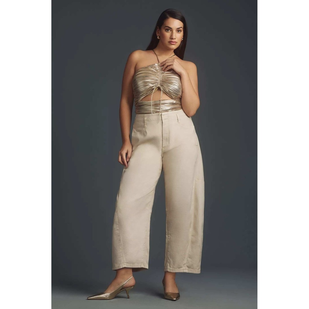 Pilcro High Rise Cropped Bow Leg Trousers 20W Neutral Beige Minimalist Boho NWT